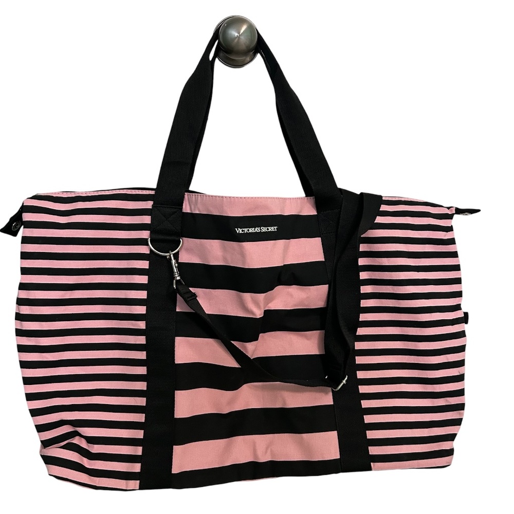 Victoria's Secret Pink Black Stripe Bag Zipper Large Handle Strap Inner Pocket